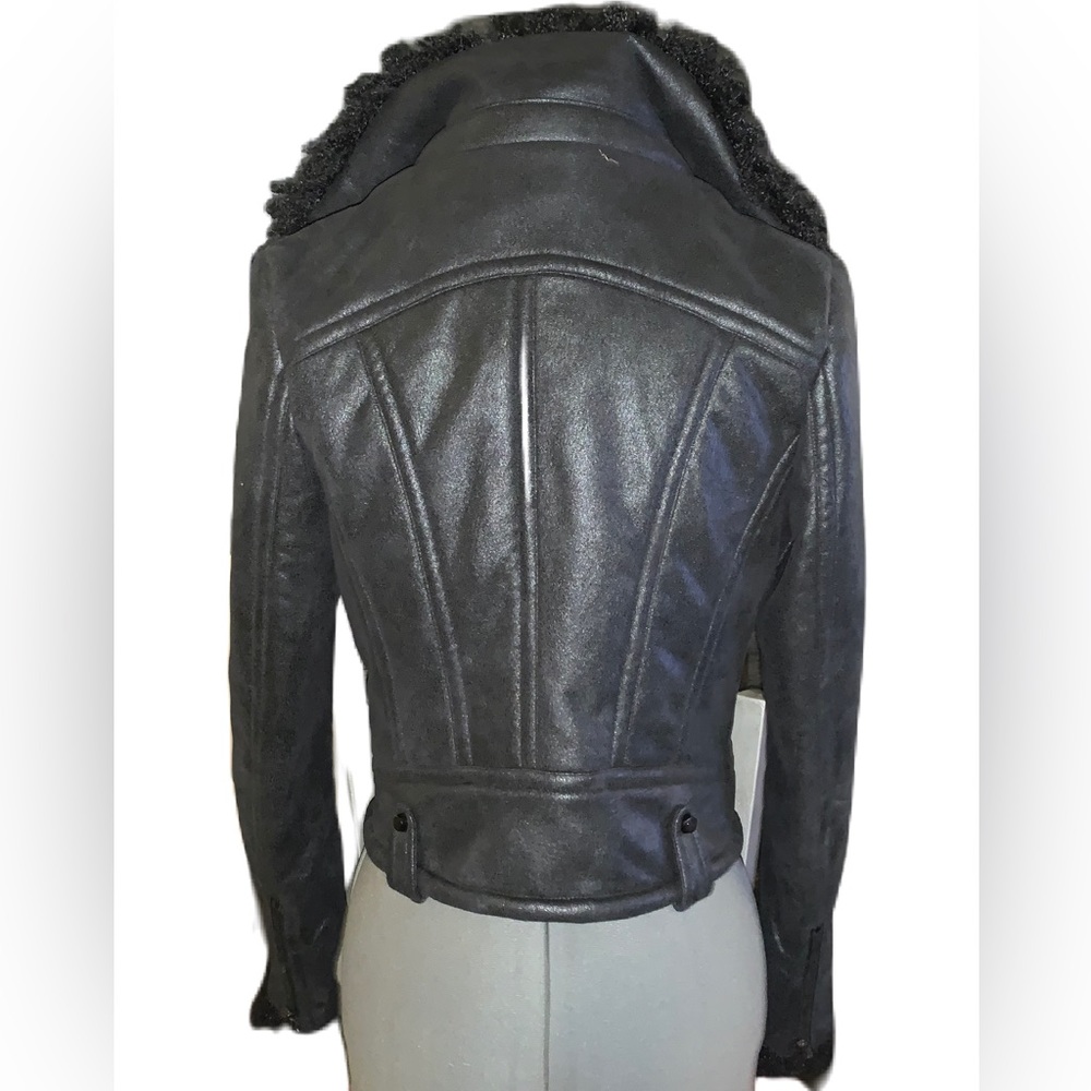 XXI Women’s Black Faux Suede Leather Moto Bomber Jacket w/ Faux Wool trim Size S - Picture 3 of 11